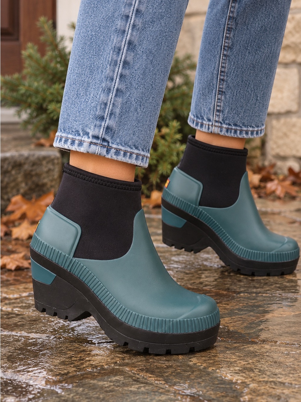 Hunter Deep Sea Original Wedge Bootie Teal and Black Jo Rain Ankle Boots 8